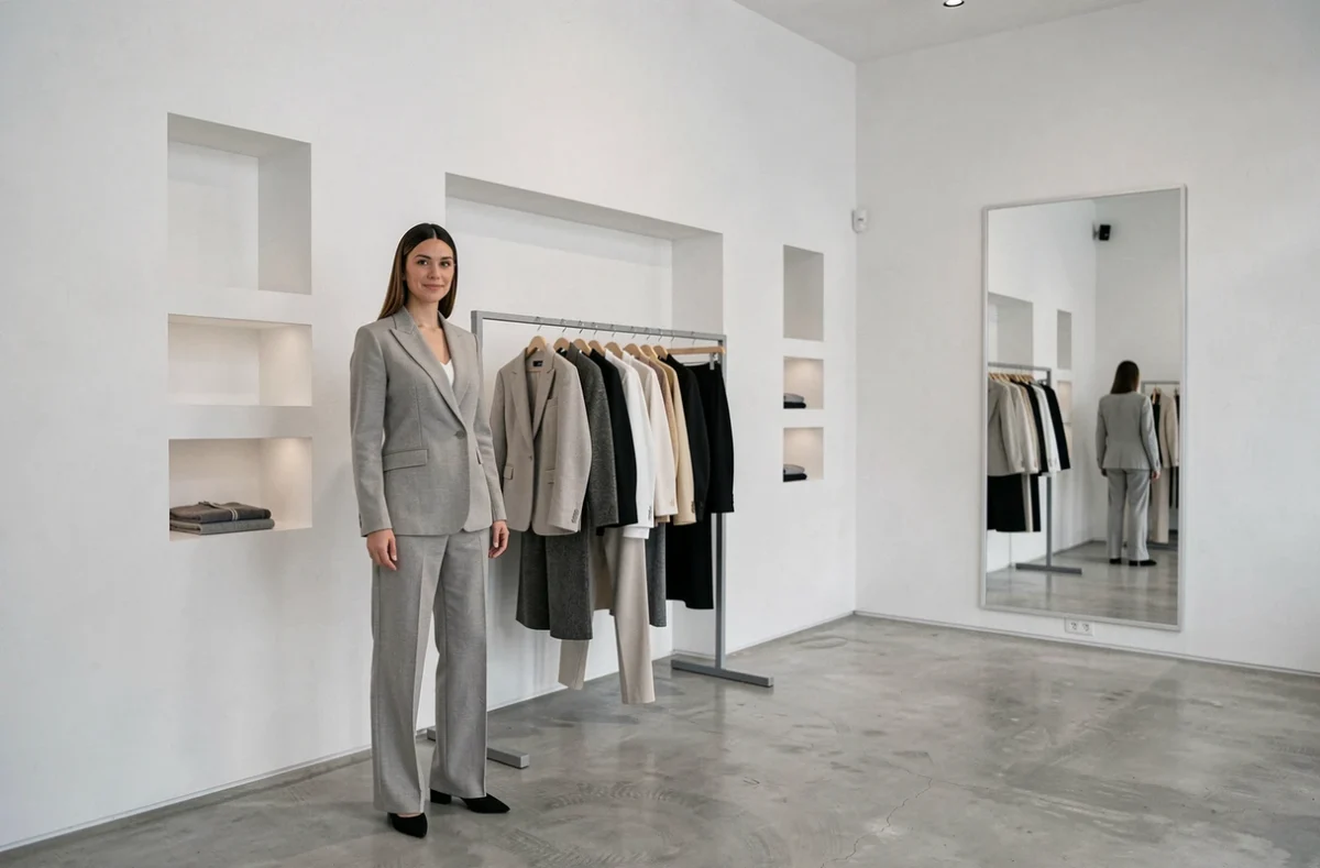 Femme élégante en tenue monochrome dans l'espace épuré de Nyack Boutique à Lyon