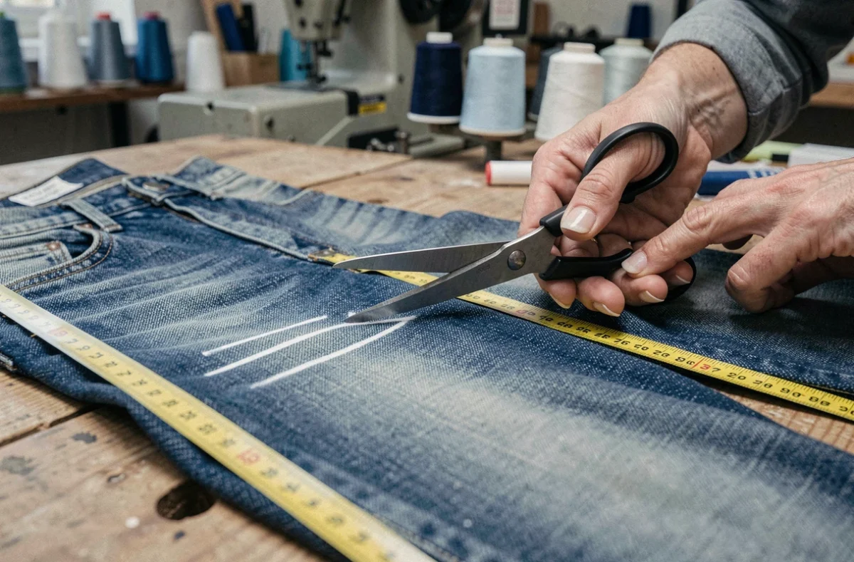 Gros plan sur l'ourlet d'un jean en denim avec craie de tailleur et mètre ruban sur un établi d'atelier de retouche