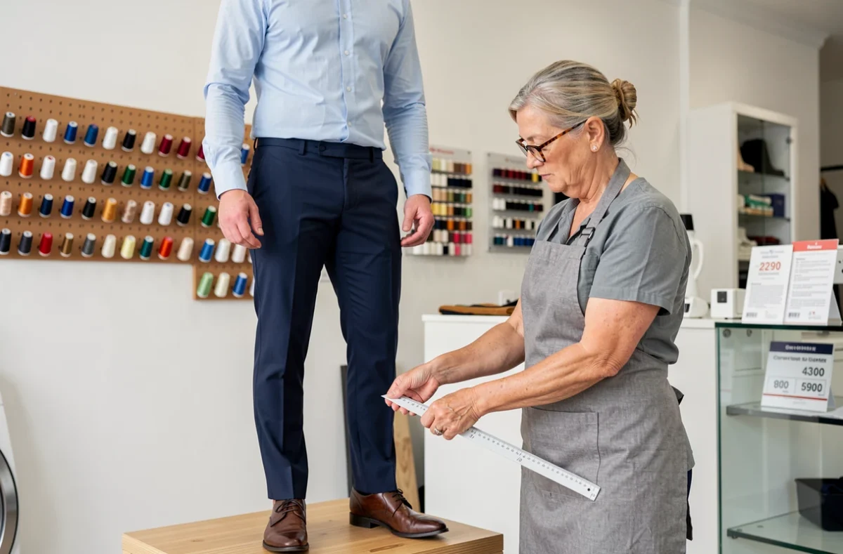 Retoucheuse mesurant l'ourlet d'un pantalon de ville bleu marine sur un client en cabine d'essayage dans une boutique de retouche moderne