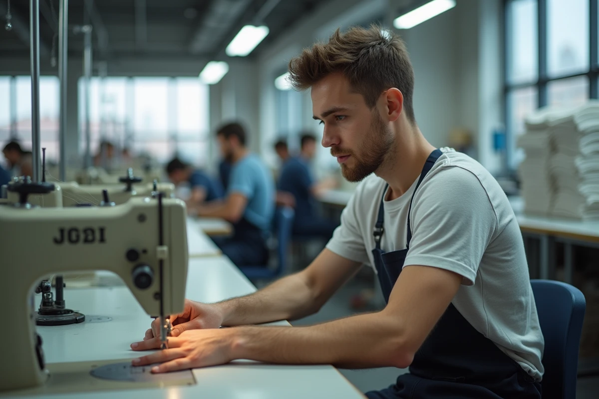 Ouvrier en usine utilisant une machine à coudre industrielle