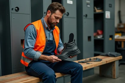 Ouvrier examinant la semelle intérieure d'une chaussure de sécurité trop grande dans un vestiaire industriel