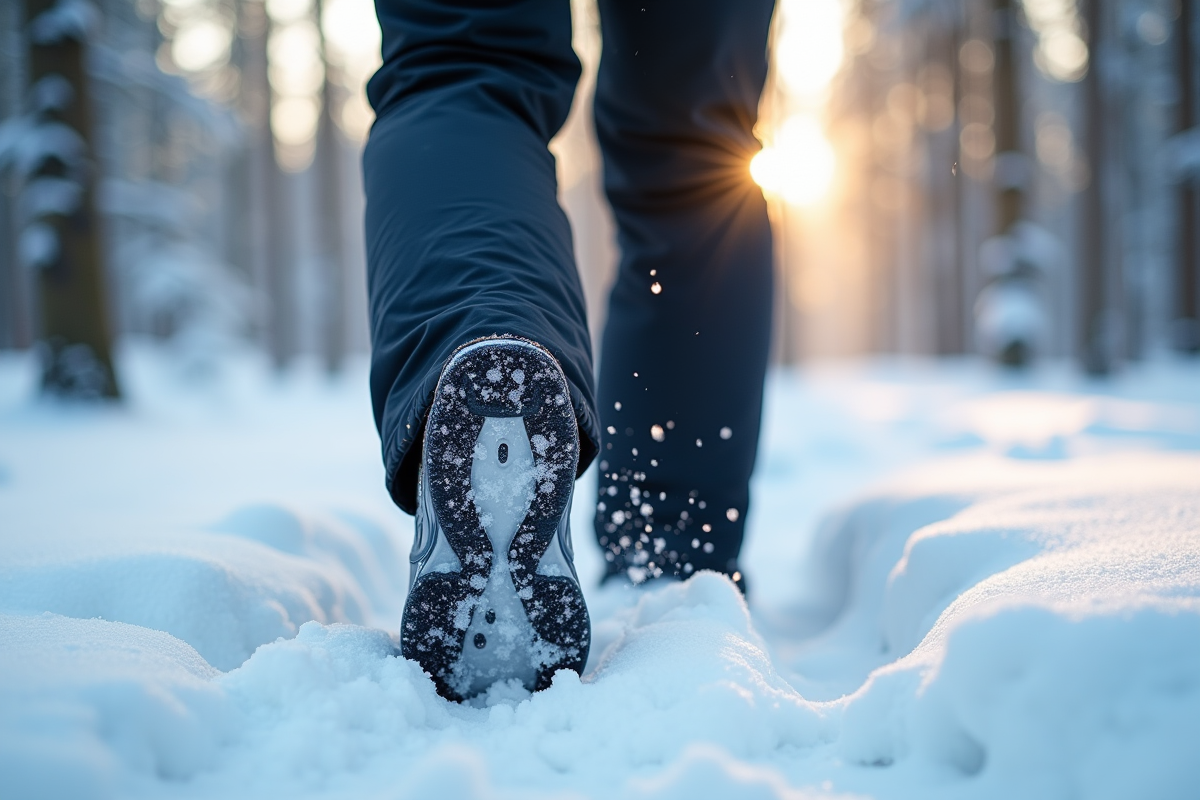 Gros plan sur le pantalon de neige avec flocons et couture visible