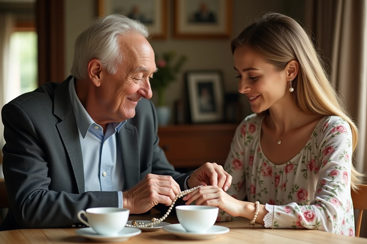 Pere attachant un bracelet de perles &agrave; sa fille dans une salle &agrave; manger