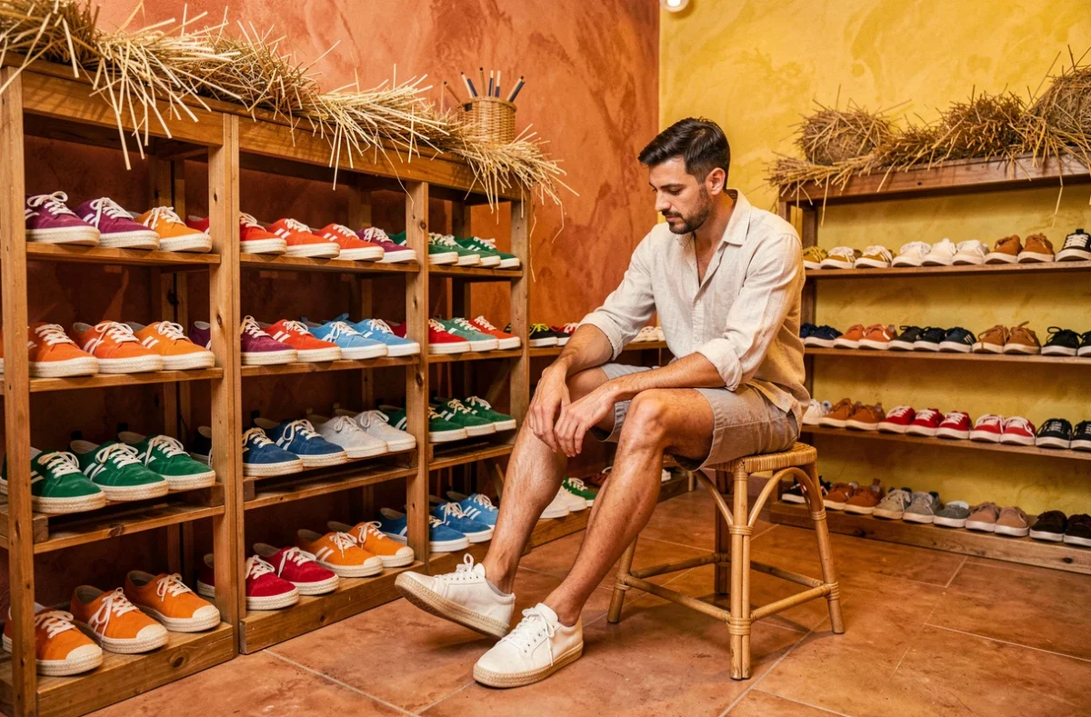 Client essayant des baskets d'été en toile dans la boutique Payote Espadrilles à Perpignan avec décor catalan coloré