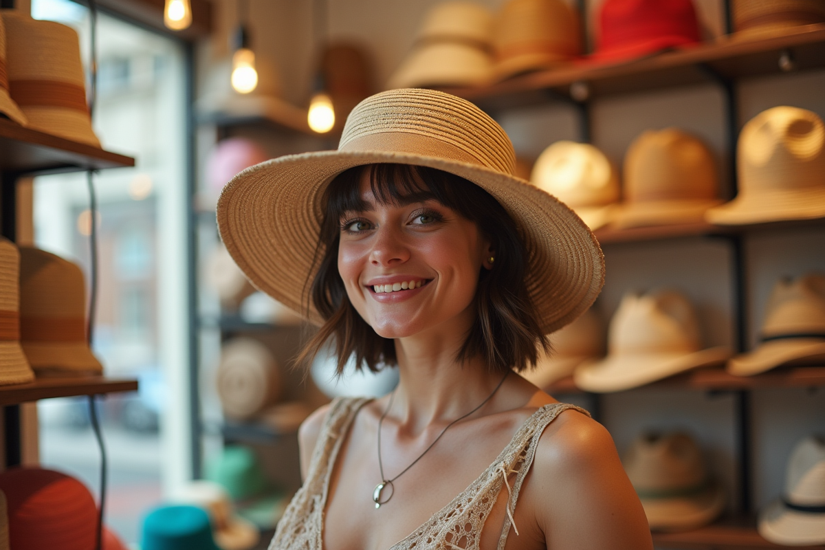 Personne essayant un chapeau dans une boutique lumineuse