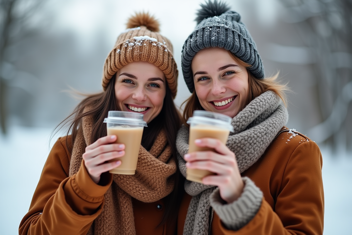 Personnes en hiver buvant des boissons dans la neige