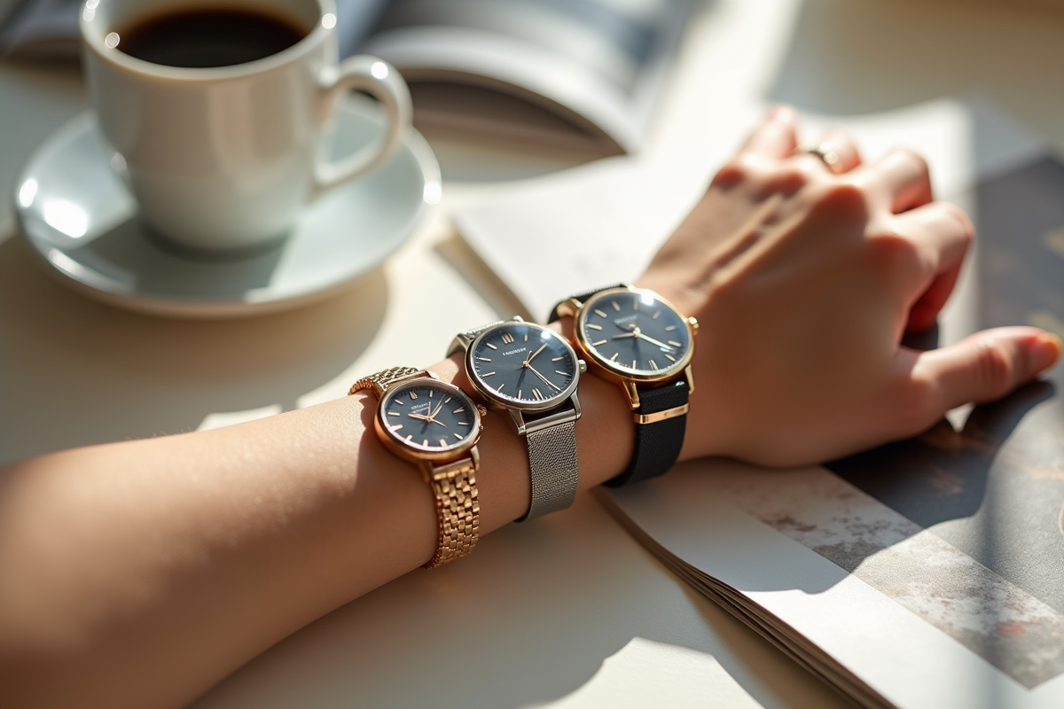 Poignet avec trois montres de tailles différentes sur une table claire