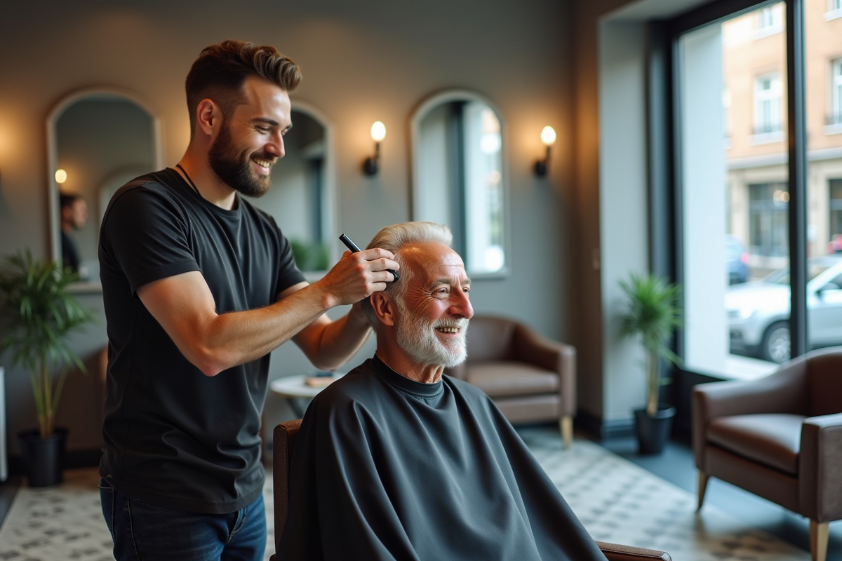 Styliste présentant une coupe de cheveux à un client satisfait