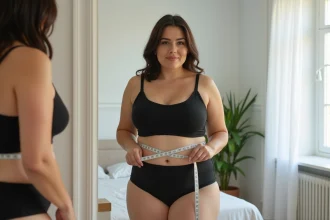 Femme grande taille prenant ses mensurations de buste devant un miroir en pied dans une chambre lumineuse