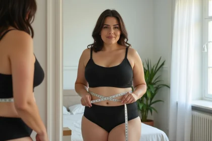Femme grande taille prenant ses mensurations de buste devant un miroir en pied dans une chambre lumineuse