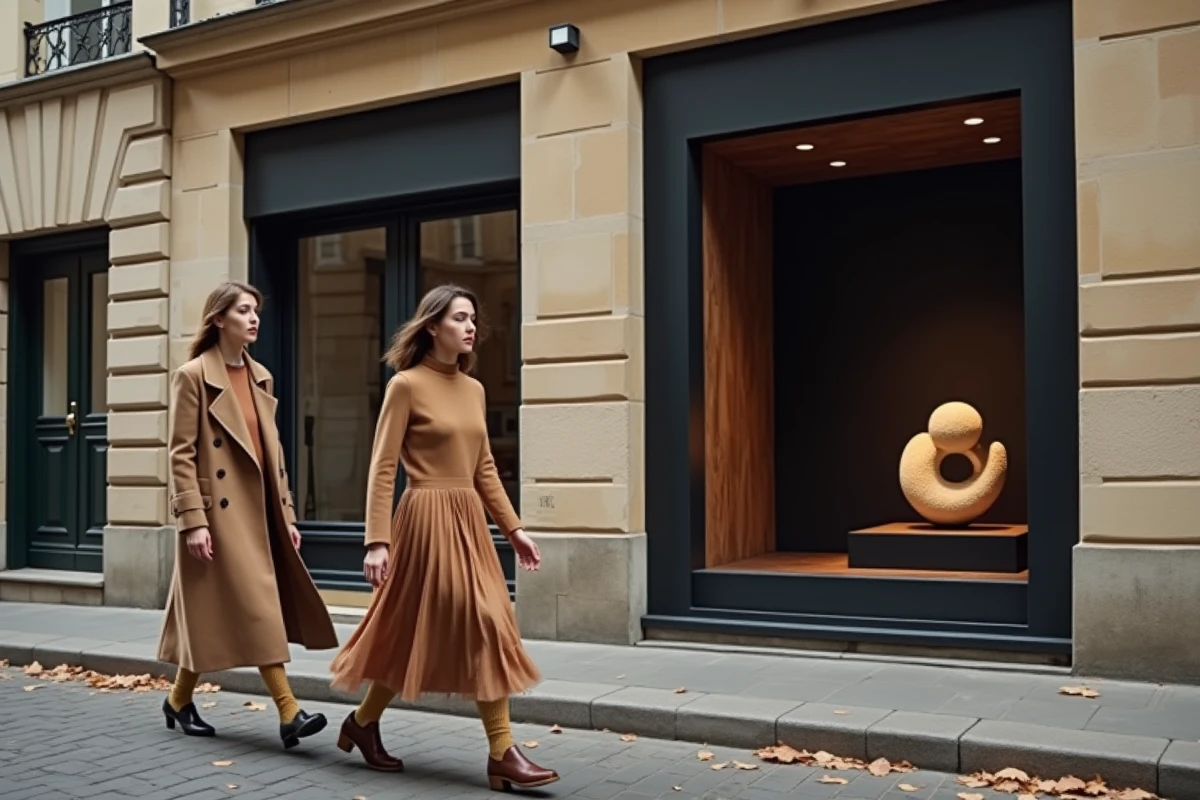Deux femmes élégantes marchant dans une rue pavée du Marais devant une boutique de luxe contemporaine à la façade épurée
