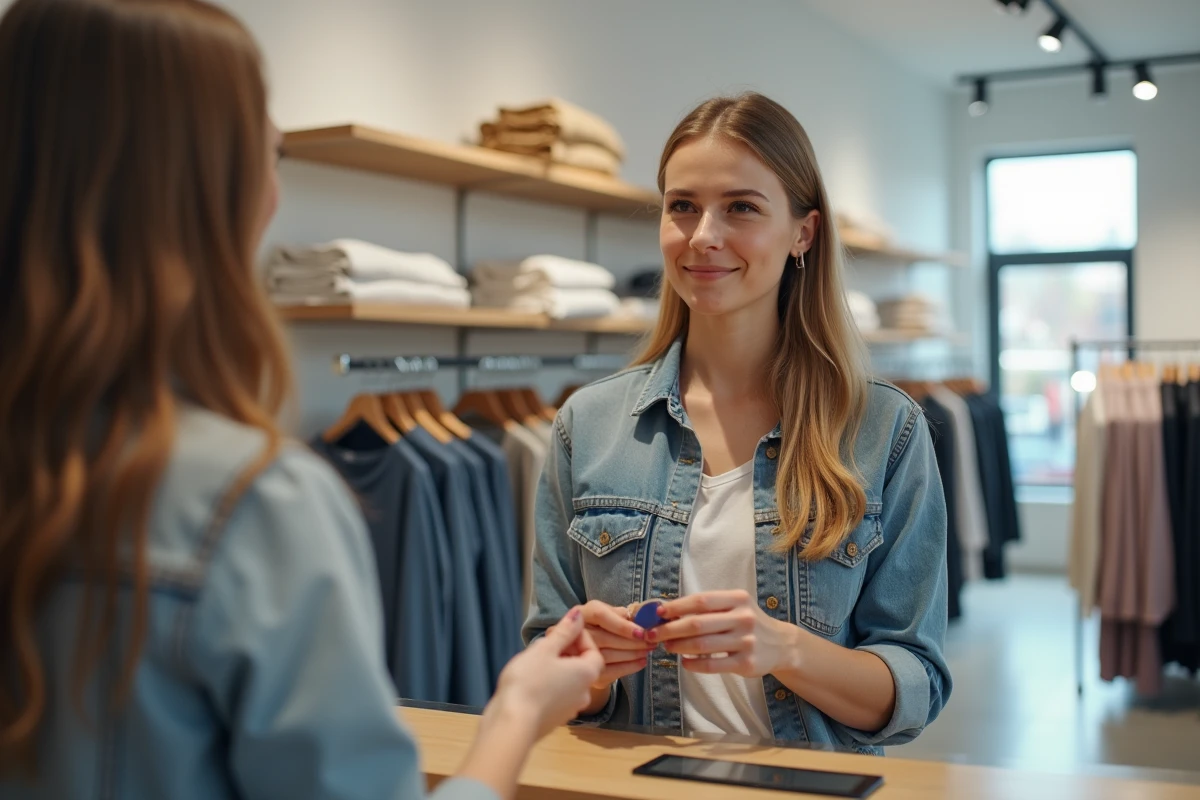 Femme déposant une réclamation pour un vêtement défectueux au comptoir du service client d'un magasin Zara