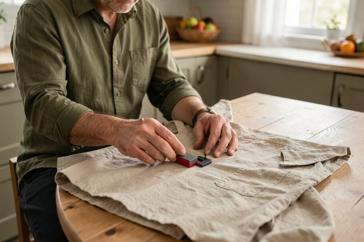 Homme tentant de retirer un antivol plastique de vêtement avec un aimant sur une table de cuisine