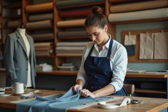 Retoucheuse professionnelle au travail dans une boutique de retouche à Sainte-Geneviève-des-Bois 91700