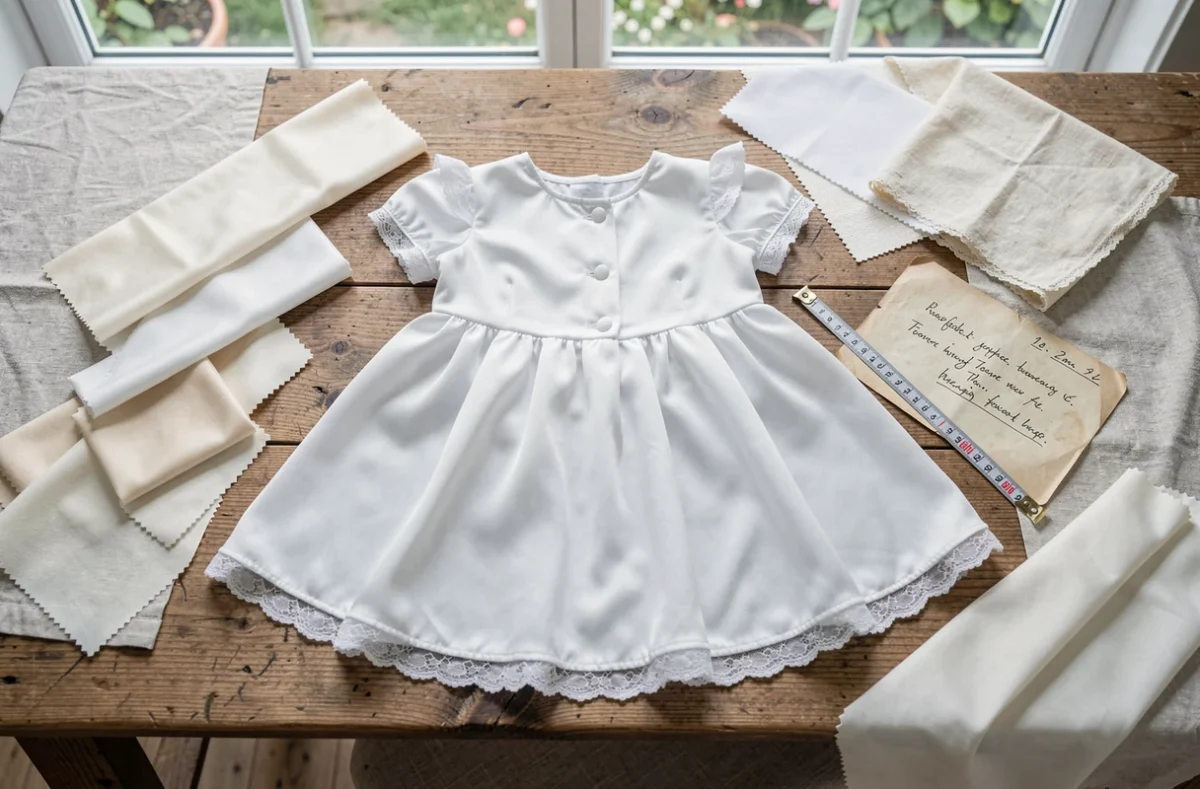 Robe de baptême bébé en satin blanc posée à plat avec des échantillons de tissu et un mètre ruban pour choisir la bonne taille