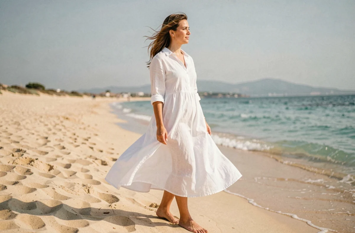 Femme en robe chemise blanche en coton sur une plage méditerranéenne ensoleillée, regard tourné vers l'horizon