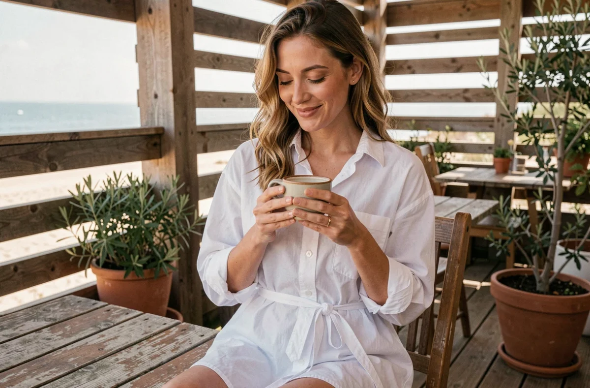 Jeune femme en robe chemise blanche assise sur une terrasse en bois face à la mer, tenant une tasse de café