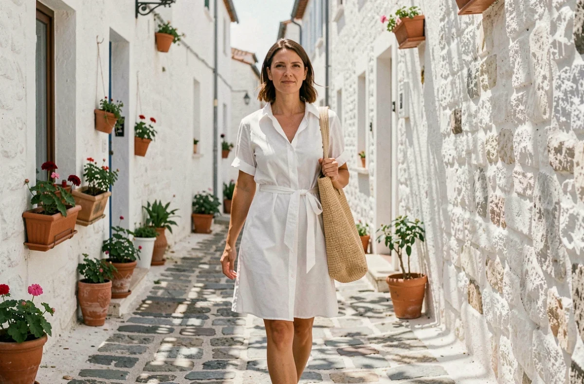 Femme en robe chemise blanche ceinturée marchant dans une ruelle ensoleillée d'un village côtier méditerranéen
