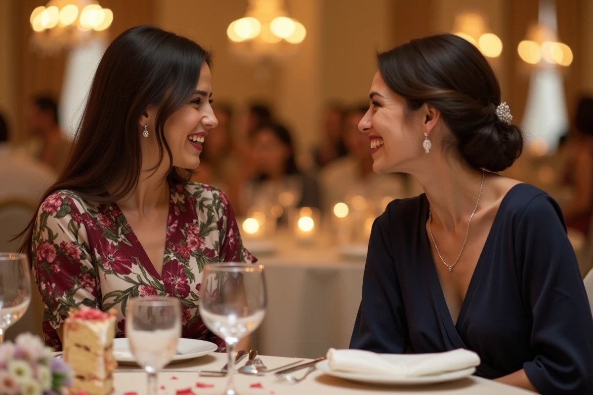 Deux invitées assises à une table de mariage, l'une en robe fleurie bordeaux et crème, lors d'un dîner de réception élégant