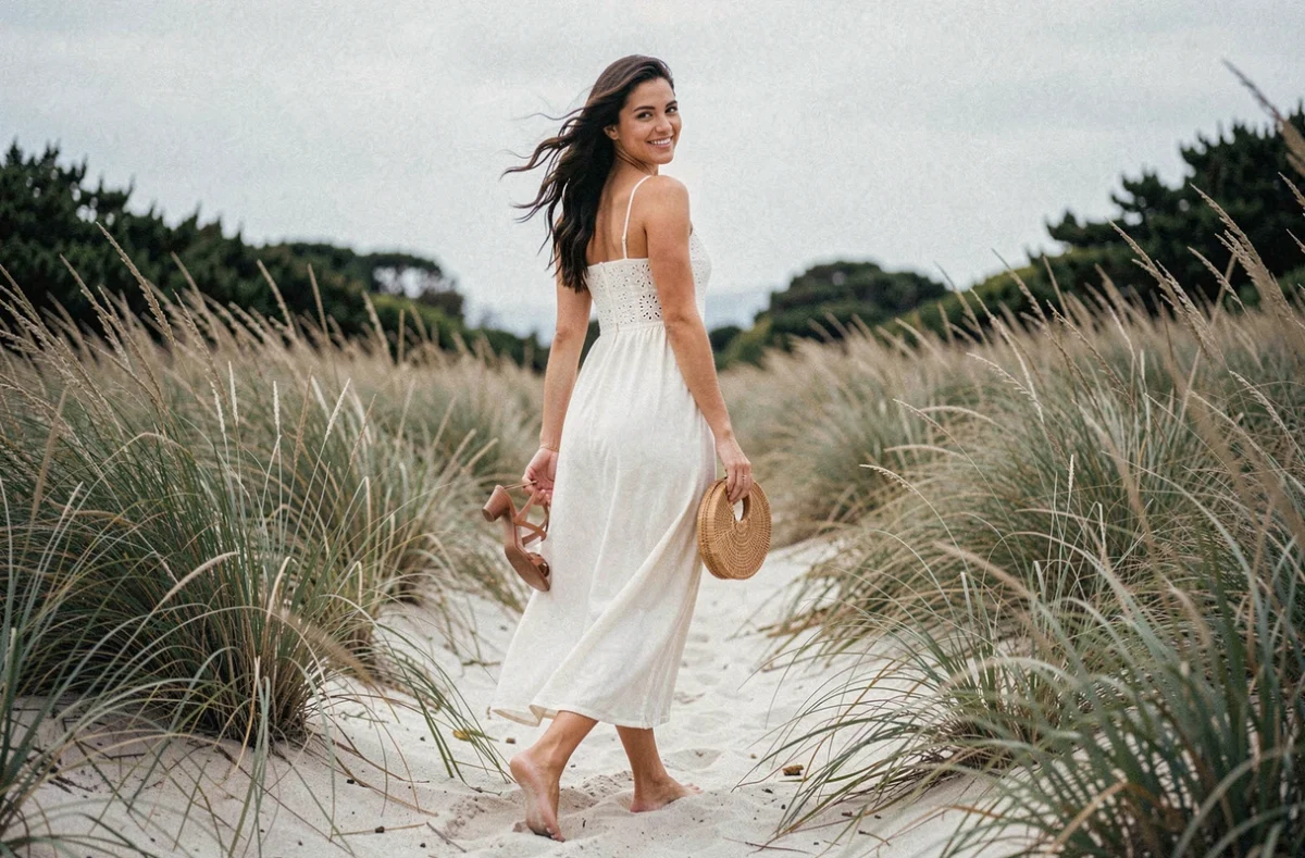 Femme en robe hippie broderie anglaise blanche marchant pieds nus sur un chemin côtier lors d'un mariage en plein air