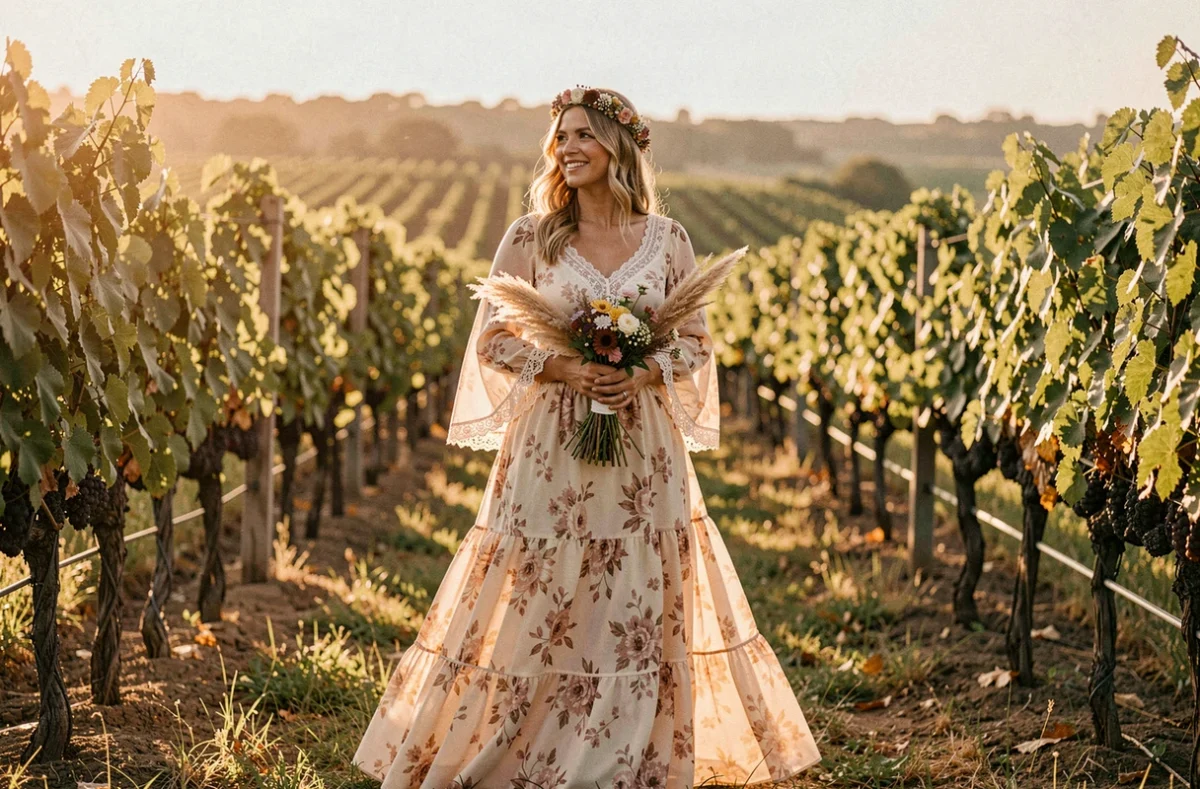 Femme en robe hippie ivoire et rose à imprimé floral portant une couronne de fleurs dans un vignoble pour un mariage bohème