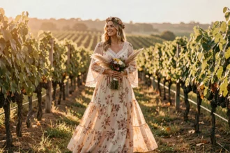 Femme en robe hippie ivoire et rose à imprimé floral portant une couronne de fleurs dans un vignoble pour un mariage bohème