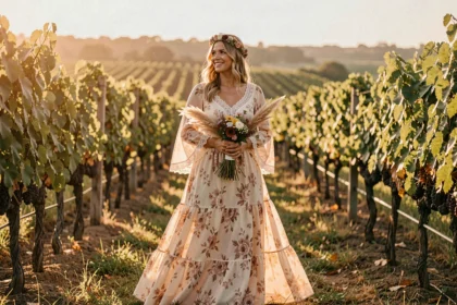 Femme en robe hippie ivoire et rose à imprimé floral portant une couronne de fleurs dans un vignoble pour un mariage bohème