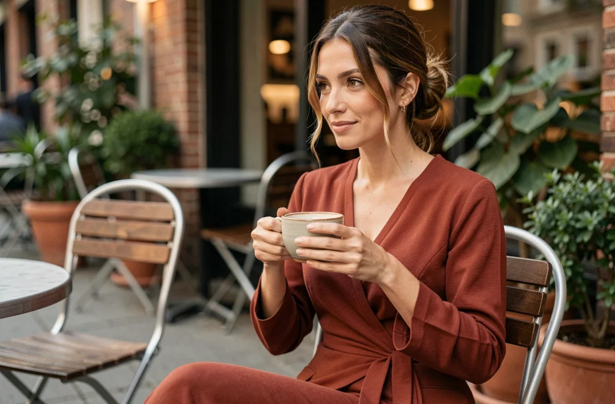 Jeune femme chic en robe portefeuille terracotta assise à une terrasse de café parisien