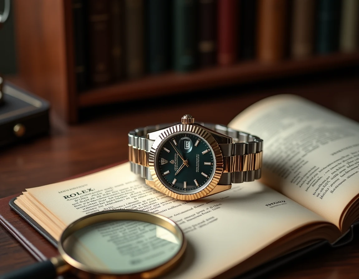 Rolex Datejust 36 posée sur un reçu de prix et un catalogue horloger sur un bureau en chêne