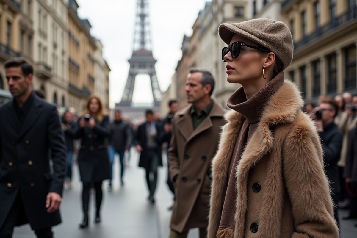 Rue chic devant un défilé de mode avec spectateurs élégants