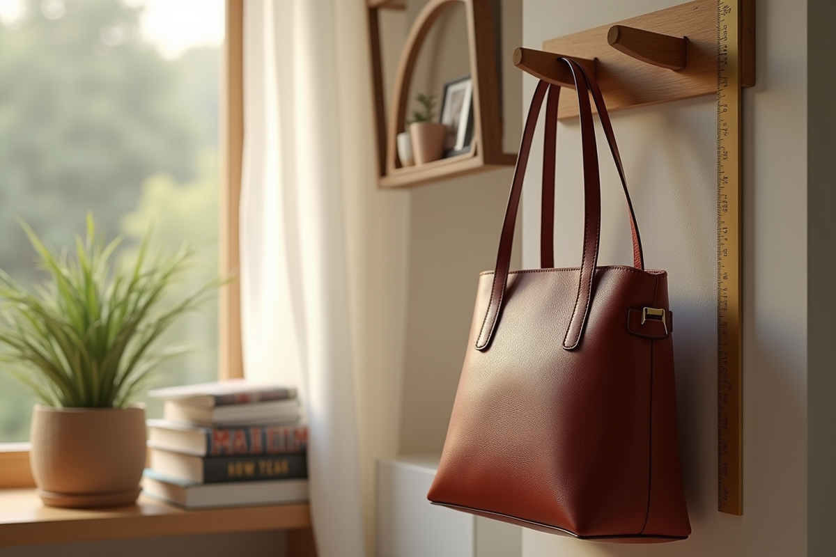 Sac à main suspendu sur un porte-manteau en bois avec règle murale