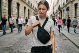 Femme ajustant une sangle de sac banane trop serrée portée en bandoulière en ville, illustrant l'inconfort d'un mauvais choix de sangle