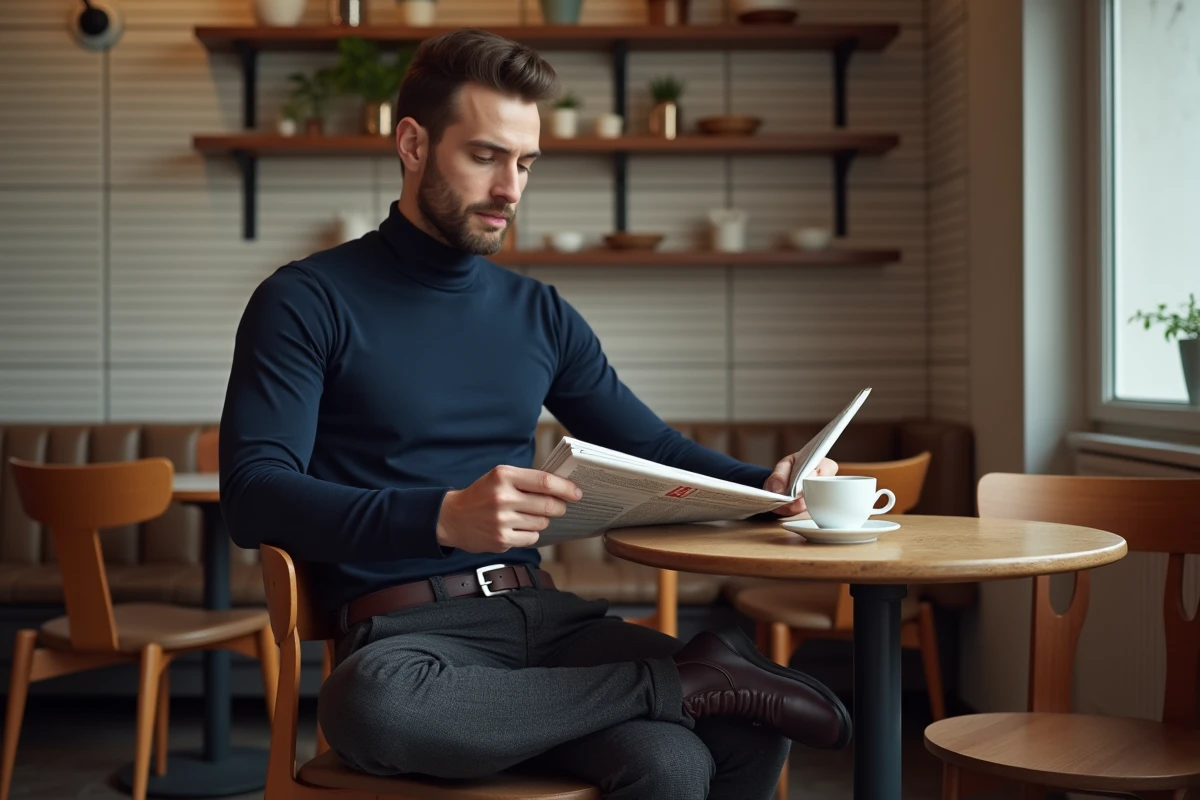 Homme style années 60 en col roulé marine et pantalon à motif pied-de-poule assis dans un café rétro parisien avec un espresso
