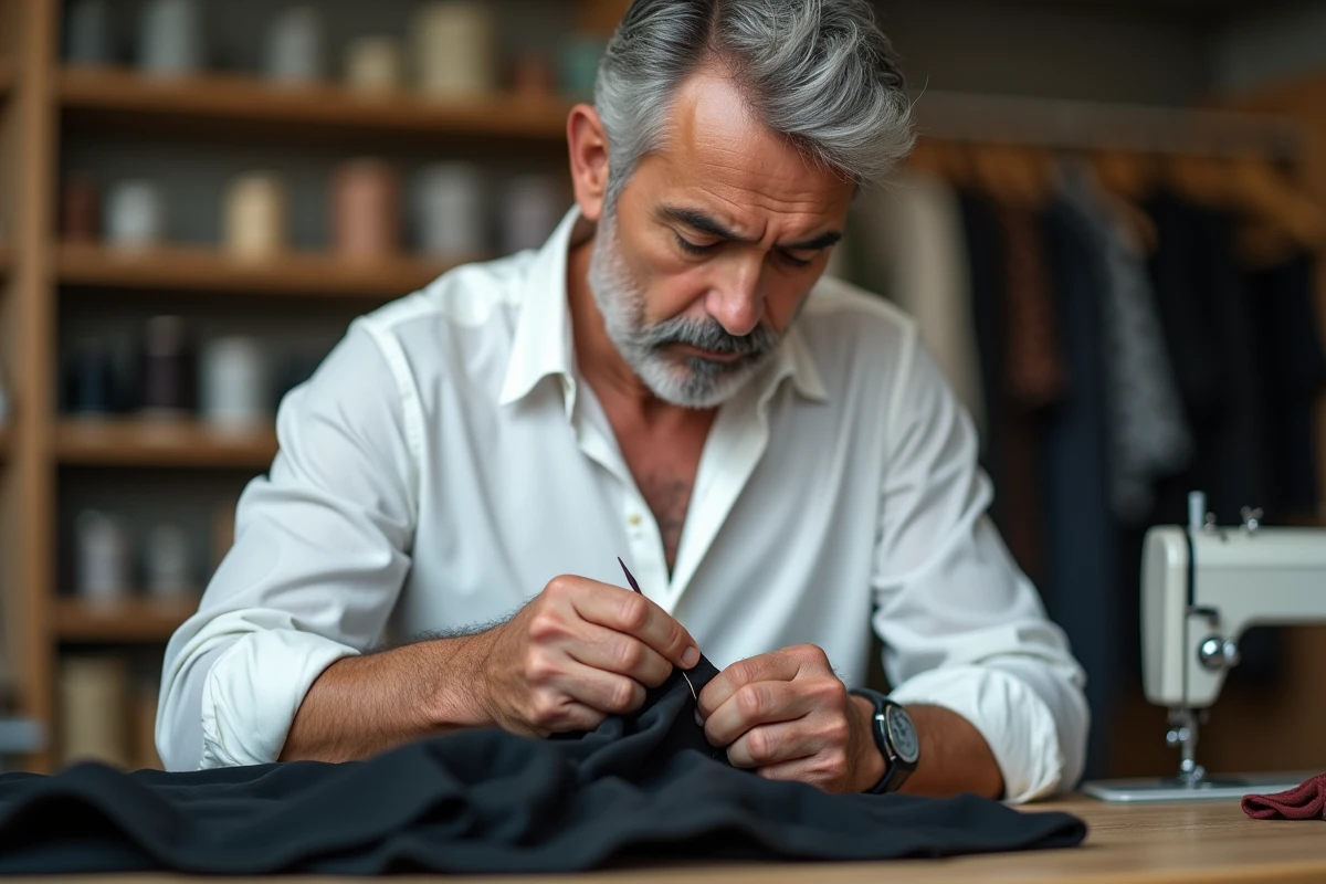 Tailleur homme ajustant une jupe dans son atelier