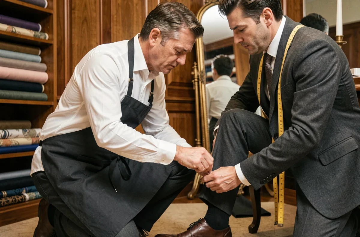Tailleur professionnel épinglant l'ourlet d'un pantalon de costume gris dans un atelier de couture élégant