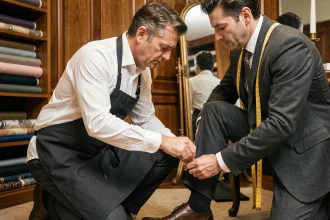 Tailleur professionnel épinglant l'ourlet d'un pantalon de costume gris dans un atelier de couture élégant