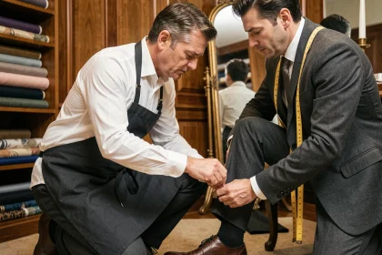 Tailleur professionnel épinglant l'ourlet d'un pantalon de costume gris dans un atelier de couture élégant