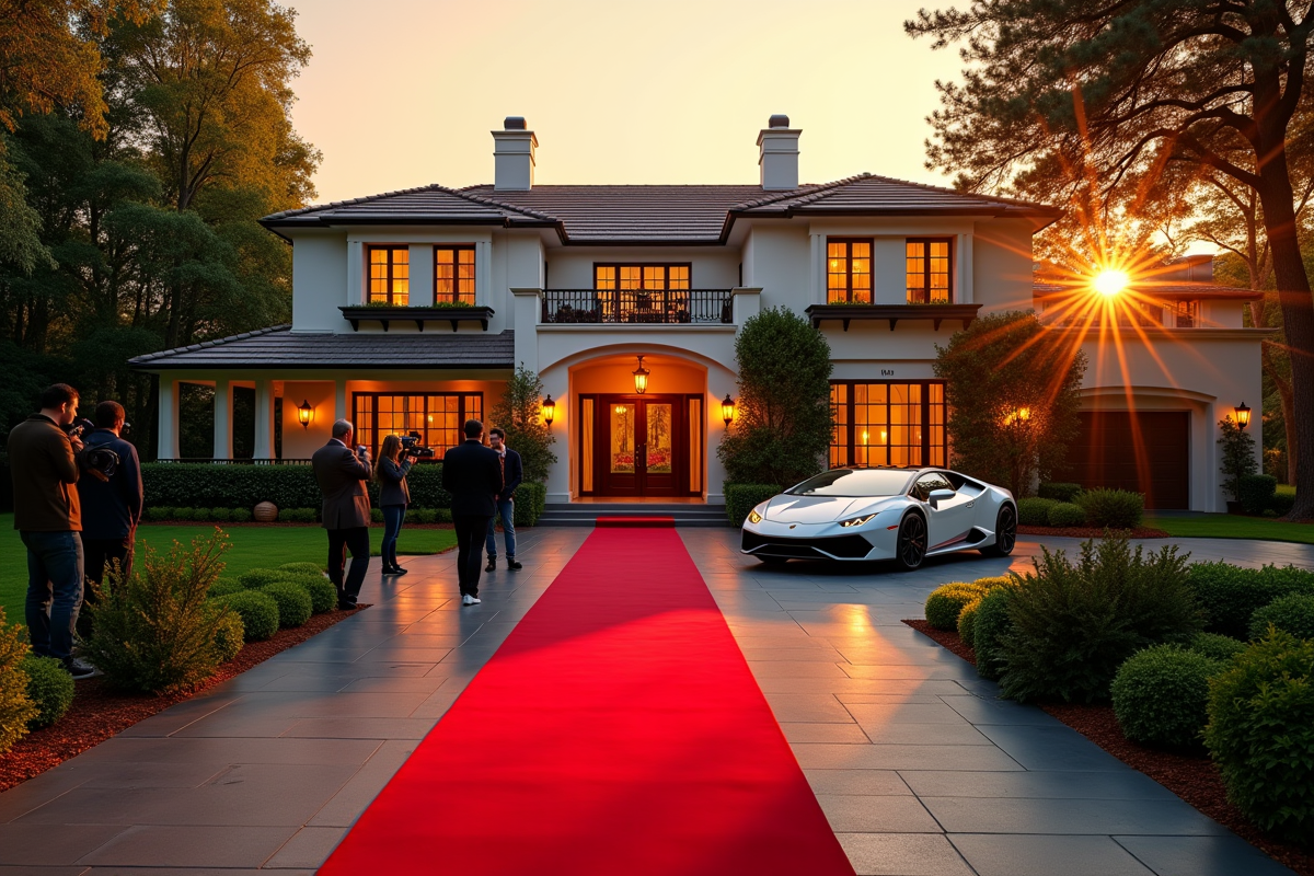 Tapis rouge devant une maison élégante en soirée dorée