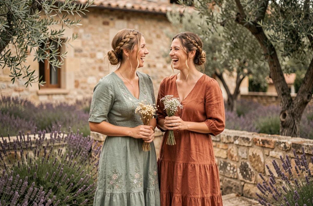Deux témoins de mariage en robes hippie vert sauge et terracotta sur une terrasse provençale entourée de lavande