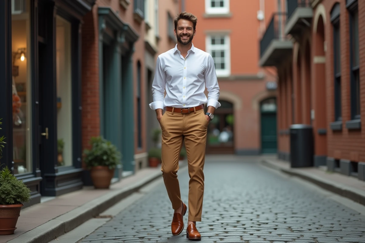 Homme en tenue années 60 du quotidien avec chino camel taille haute et chemise blanche, style rétro moderne dans une rue urbaine pavée