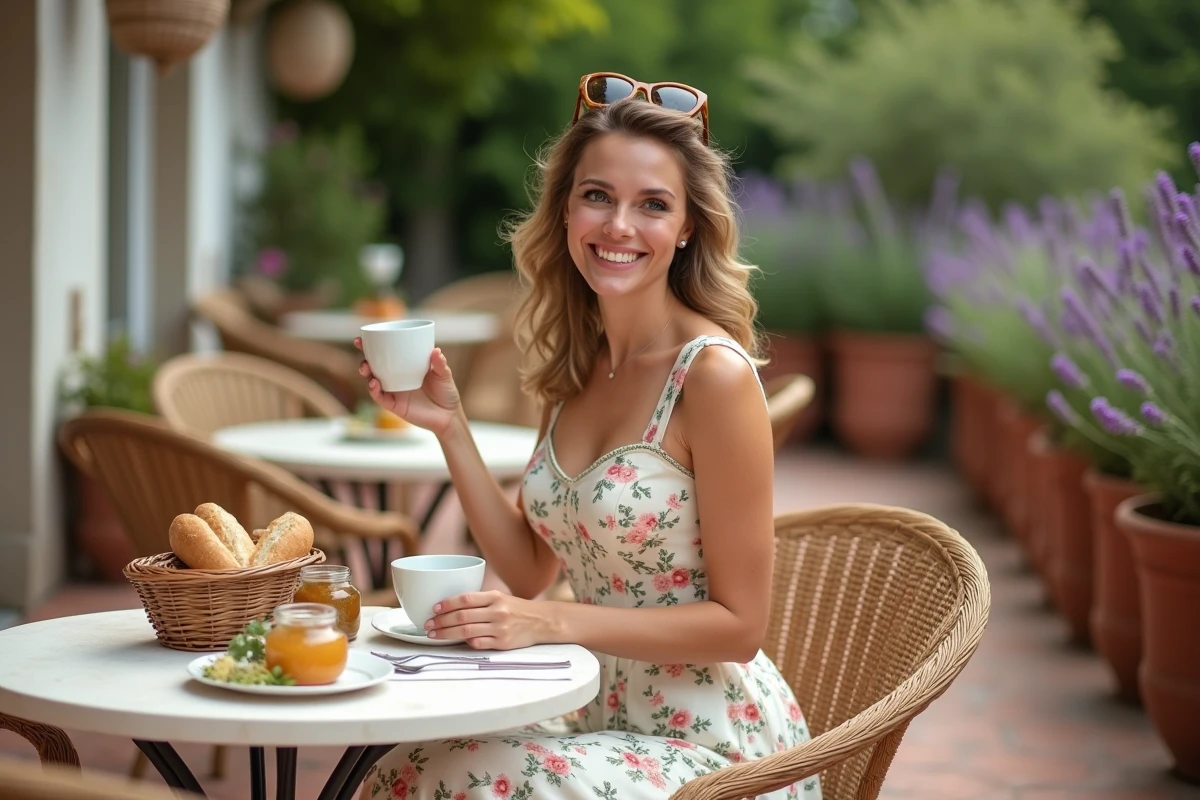 Femme en robe vintage années 50 à fleurs pastels lors d'un brunch en terrasse ensoleillée