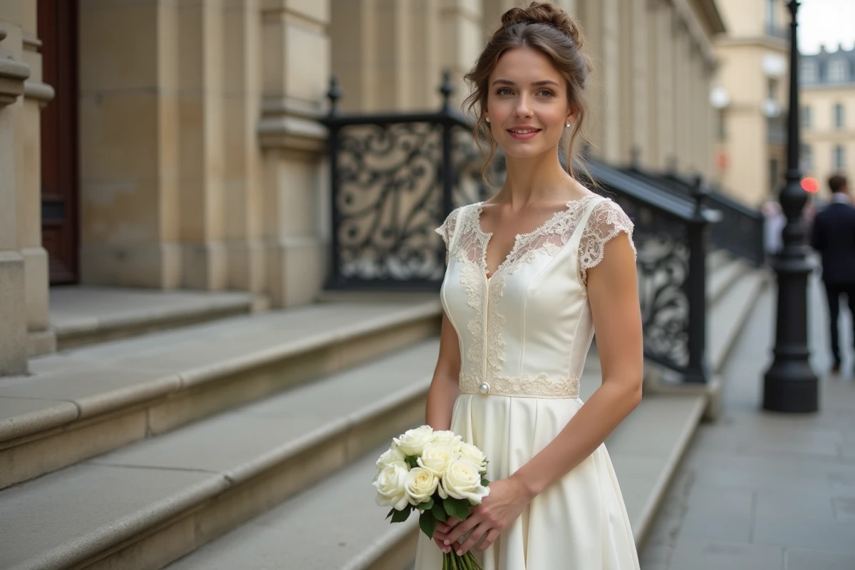 Femme en robe vintage ivoire style années 60 lors d'un mariage civil devant une mairie en pierre