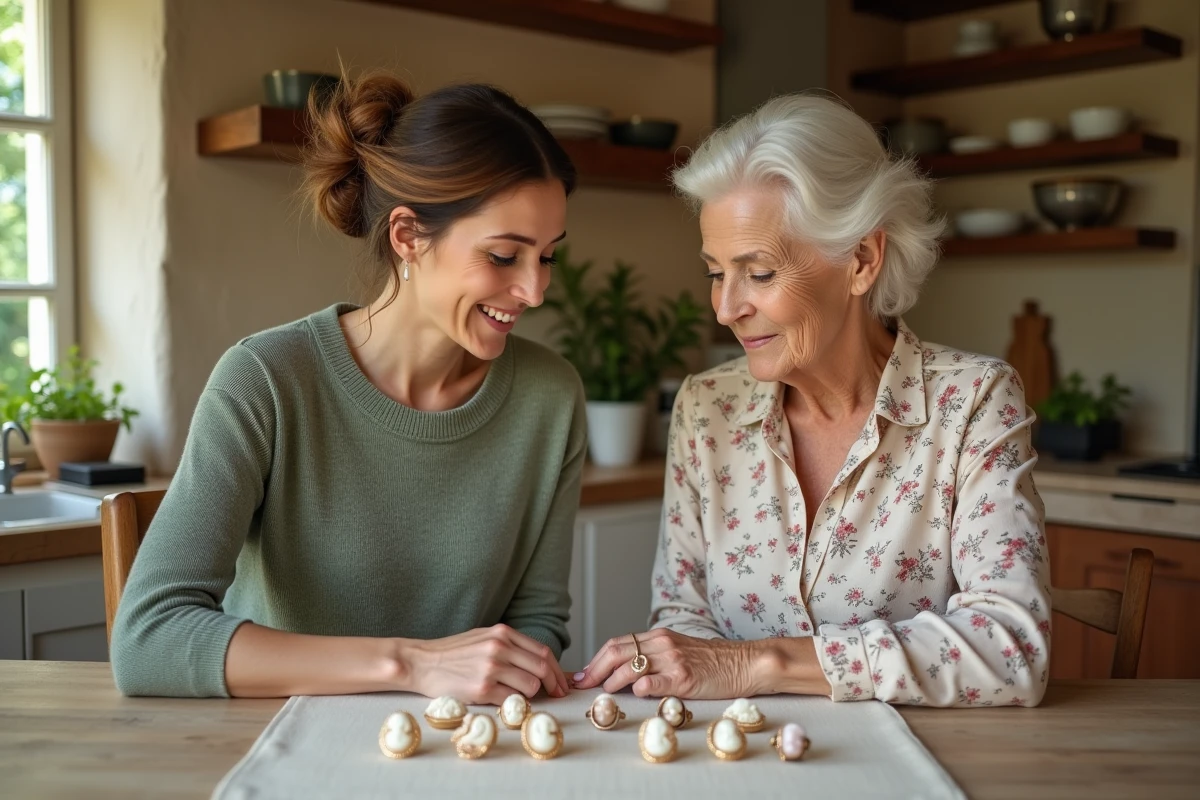 Deux femmes de générations différentes comparant des bagues camées modernes et anciennes, illustrant l'évolution de la signification du camée à travers le temps