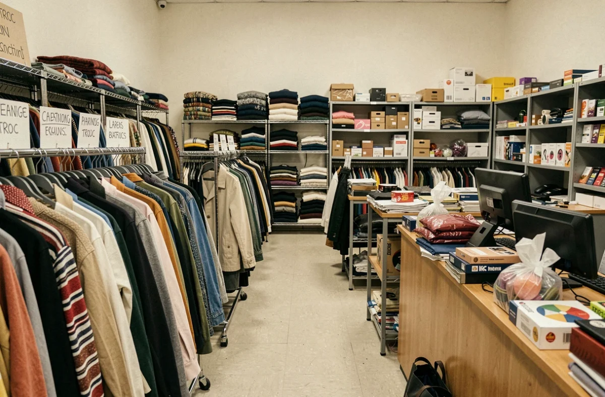 Intérieur fonctionnel et bien rempli de Troc en Stock à Paris avec des rangées de vêtements d'occasion sur des portants métalliques