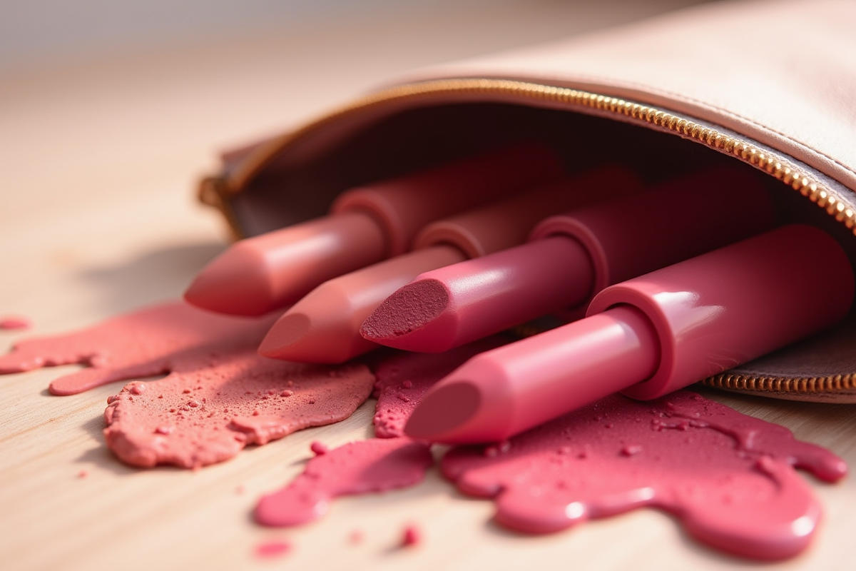 Trousse de maquillage ouverte avec rouges à lèvres cassés et traces de couleur