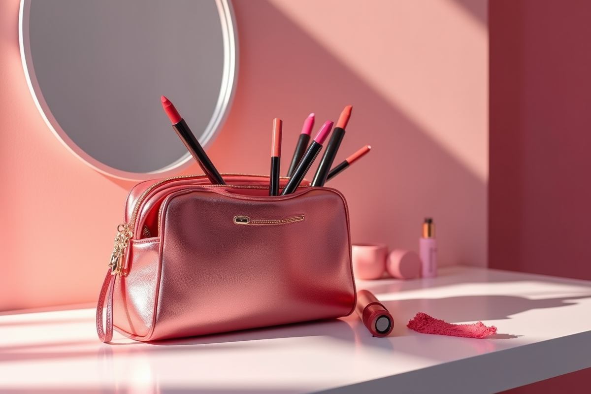 Trousse de maquillage ouverte avec crayons à lèvres et rouge à lèvres