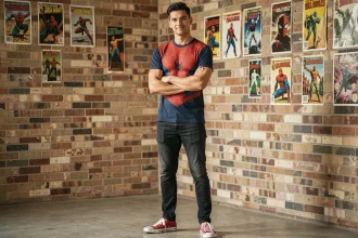 Jeune homme en t-shirt Spider-Man pour cosplay léger, posant devant un mur de briques avec posters de comics en arrière-plan