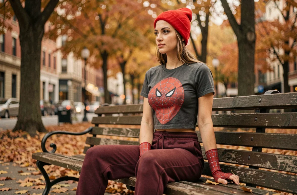 Jeune femme portant un t-shirt Spider-Man crop top pour cosplay simple, assise sur un banc de parc entouré de feuilles d'automne