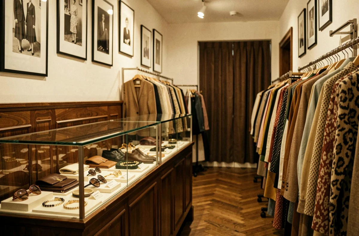 Intérieur de Valois Vintage à Paris avec des vitrines d'accessoires rétro et des portants de vêtements inspirés des années 60-70