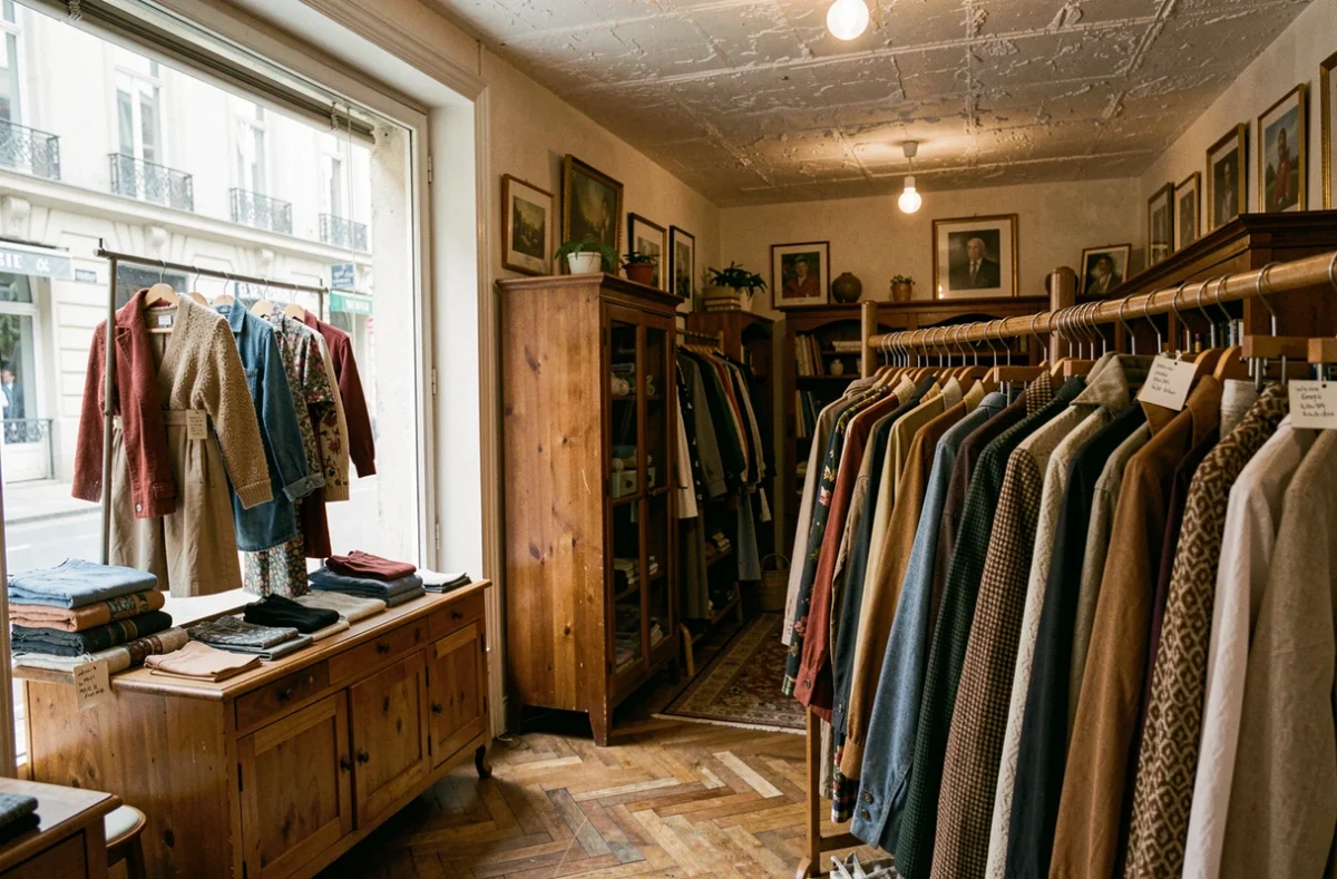 Intérieur chaleureux du Vestiaire du 18e à Paris avec des meubles vintage recyclés en portants et une ambiance de quartier authentique